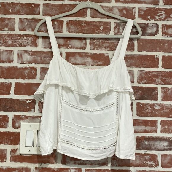 Forever 21 Plus White Open Lattice Lace Trim Cropped Ruffle Tank 0X EUC - Picture 1 of 8